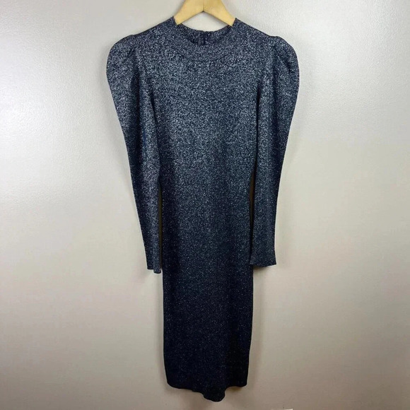 Sachin and Babi Amelie Dress Size Small Metallic Knit Blue Puff Sleeve Event - Picture 2 of 11